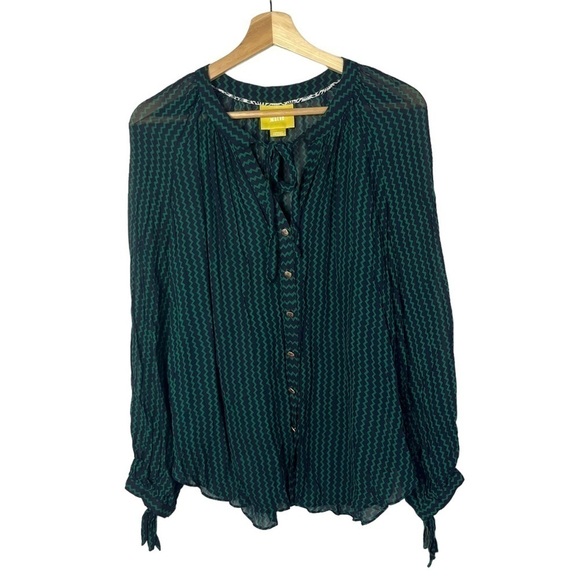 Anthropologie Maeve Petite Della Navy Blue & Green Chevron Long Sleeve Blouse LP - Picture 2 of 5